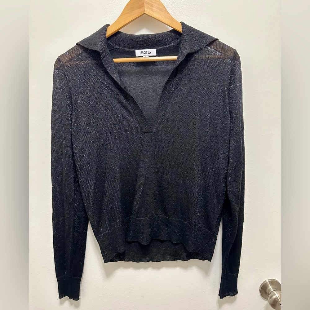 525 America gold and black sparkle sheer v-neck collared sweater